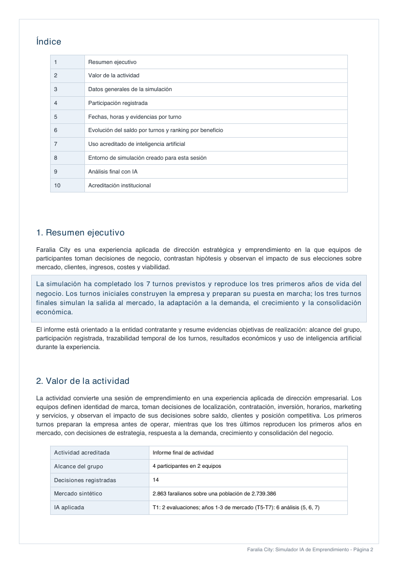 Página del informe con índice y resumen ejecutivo